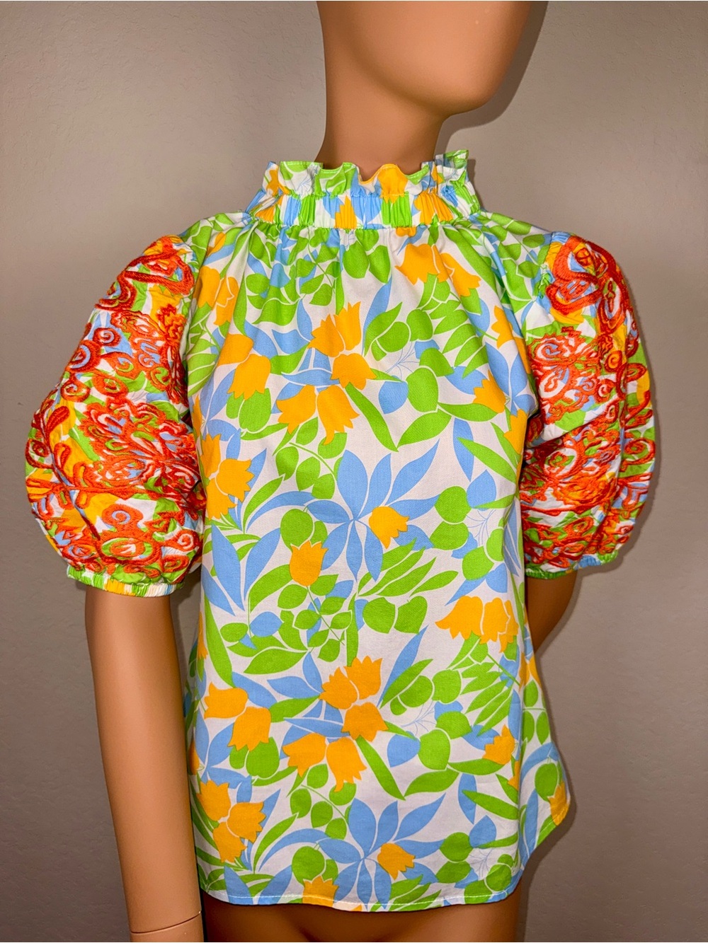 THML Blouse S Floral Puff Sleeve Ruffle Neck Boho Top Colorful (flawed)